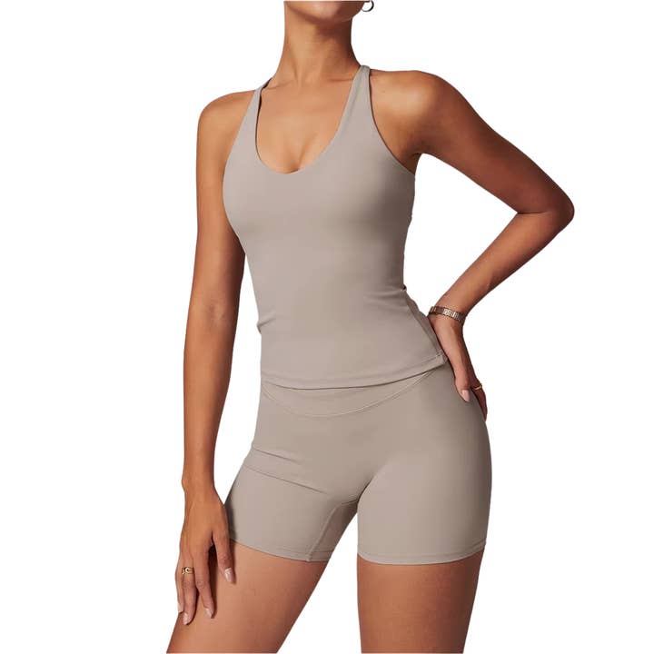 SculptGlow – 2-Piece Yoga Set with Criss-Cross Tank & Shorts for wholesale by Marina Fit LLC