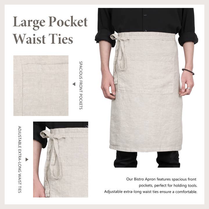 Triton Linen – wholesale Förkläde – Linne Bistro Halvförkläde med Fickor 25 x 35 Tum - Natur