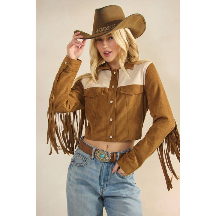 Camel Suede Jacket with Fringe Detail for wholesale on Faire27