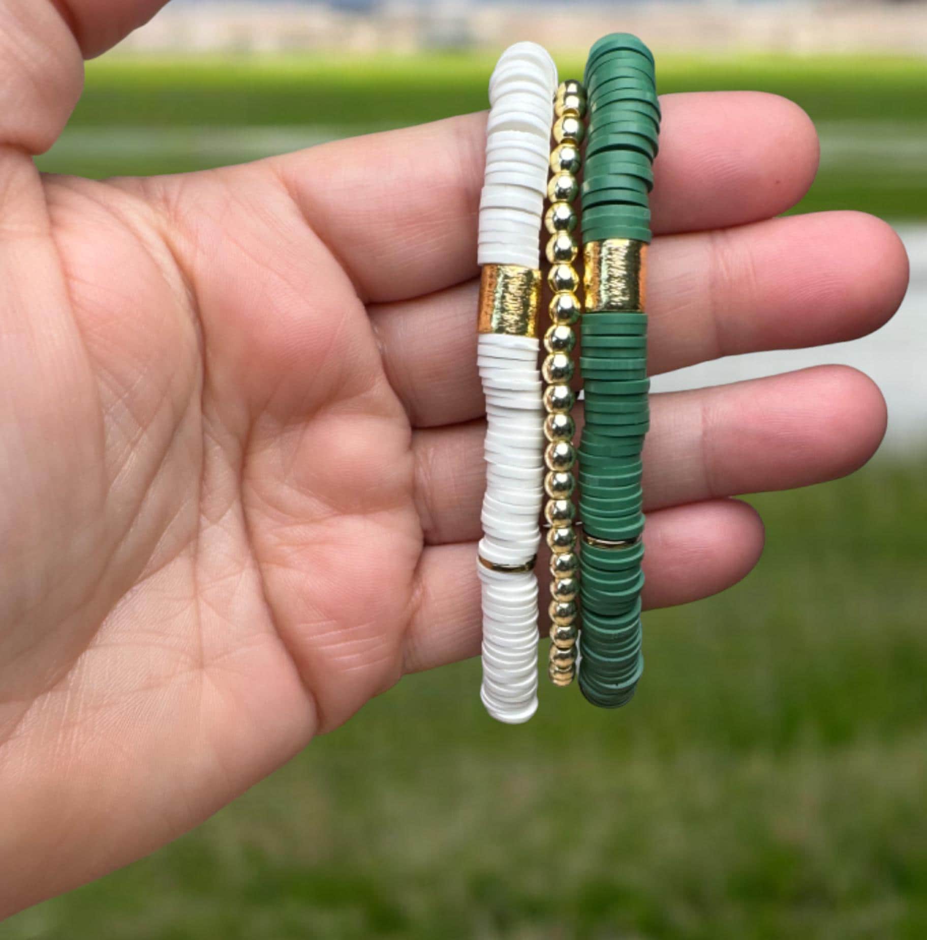 Fish Towne Designs, LLC - Wholesale Jewelry Set - Green and White Game Day Bracelet Stack5