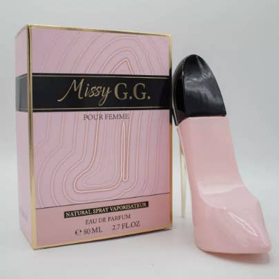 Profumo Missy GG a forma di décolleté in blu, rosa, rosso e oro per la vendita all'ingrosso da parte di Majestic Wholesale