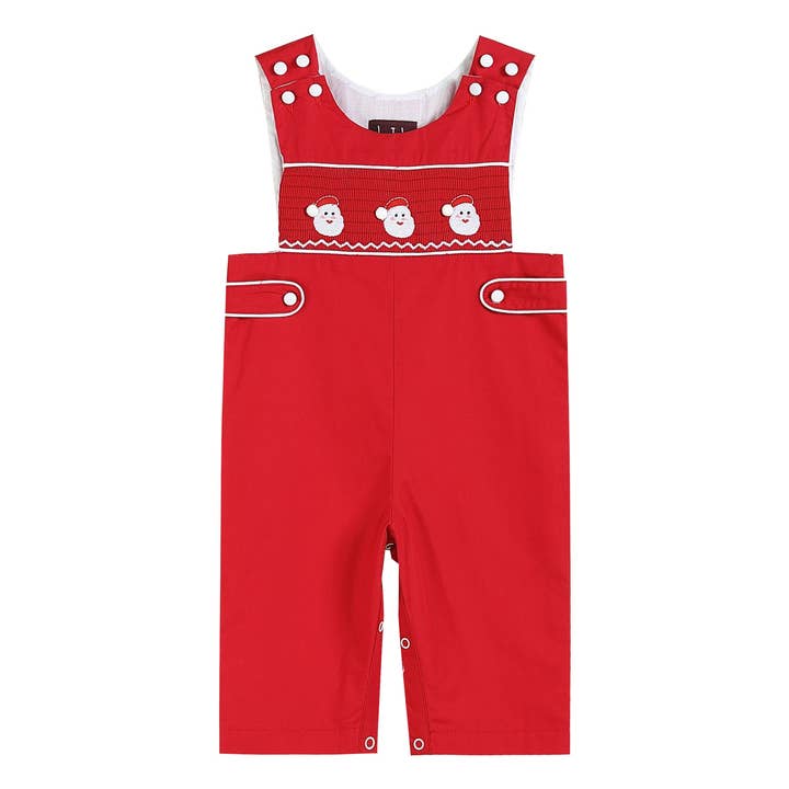 Red & White Santa Smocked Overalls for wholesale by Lil Cactus