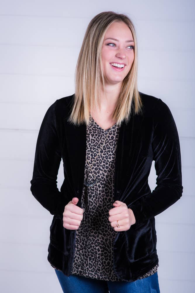 Vivette Apparel - Wholesale Blazer - Women's - Black Stretch Velvet Blazer1