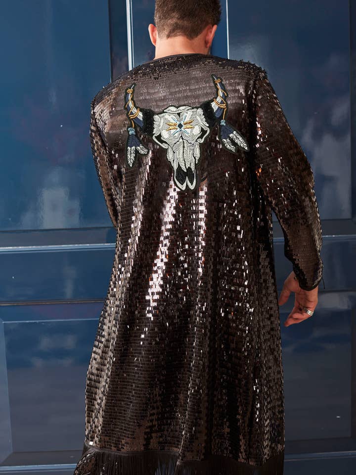 Pailletten-Kimono für Herren mit Burning Man Schädelbüffel-Patch für den Großhandel von Festivo kimonos