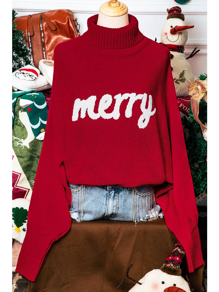 fashionworks - Wholesale Knit Sweater - Women's - Merry Letter Embroidered High Neck Christmas Sweater*S-2XL