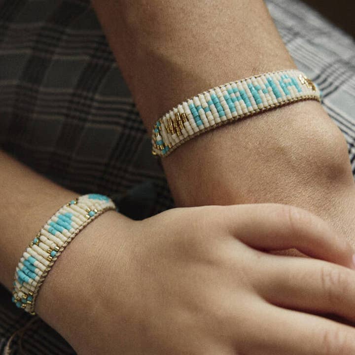 Mama and Mini Turquoise and Cream Friendship Bracelet Set for wholesale by Boho Betty