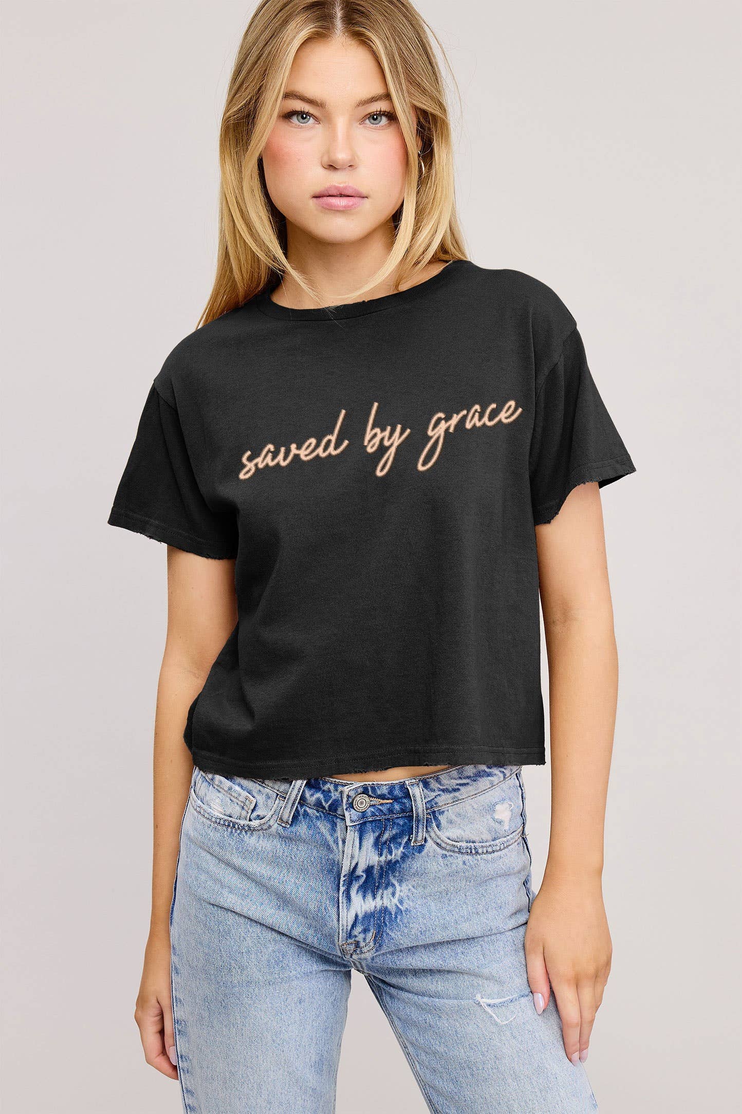 Zutter - Wholesale Screen Printed T-Shirt - Women's - PUFF' Saved By Grace Graphic S/S Seamless Faux Crop0