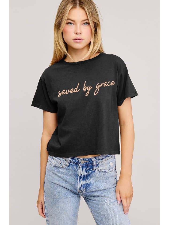 Zutter - Wholesale Screen Printed T-Shirt - Women's - PUFF' Saved By Grace Graphic S/S Seamless Faux Crop