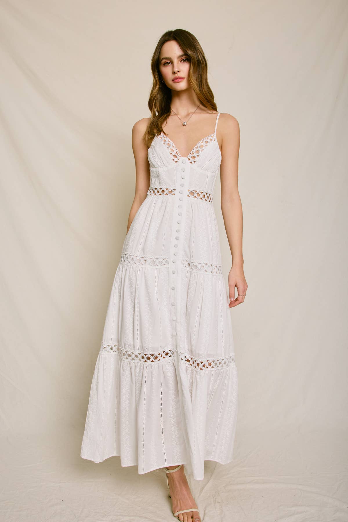 IVORY Sunbeam Eyelet Lace Inset Tiered Maxi Dress for wholesale on Faire0