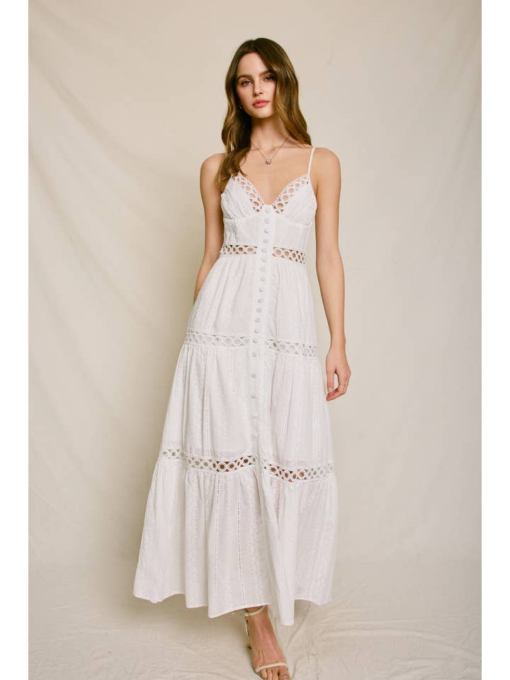 IVORY Sunbeam Eyelet Lace Inset Tiered Maxi Dress for wholesale on Faire