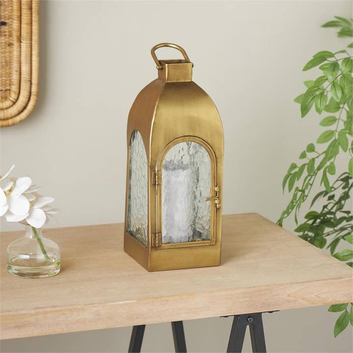 Will's Company - Wholesale Lantern - Gold Metal Arched Candle Lantern with Wavy Glass - 17.7"