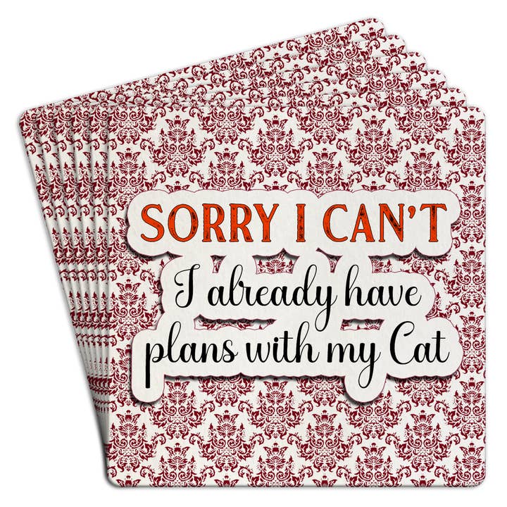 Posavasos de papel, paquete de 6 unidades, con texto en inglés «Lo siento, no puedo planificar con mi gato» para venta al por mayor de Tipsy Coasters & Gifts
