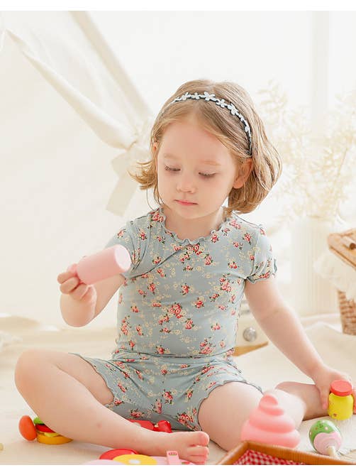 Shirring Flower Mint Short sleeve Viscose Pajama for wholesale on Faire