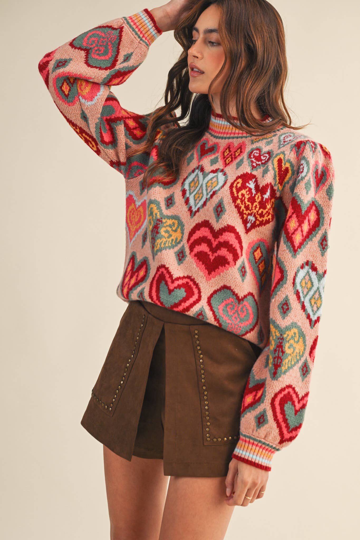 &MERCI - Wholesale Knit Sweater - Women's - HEART PATTERN PULLOVER SWEATER MSW1091319