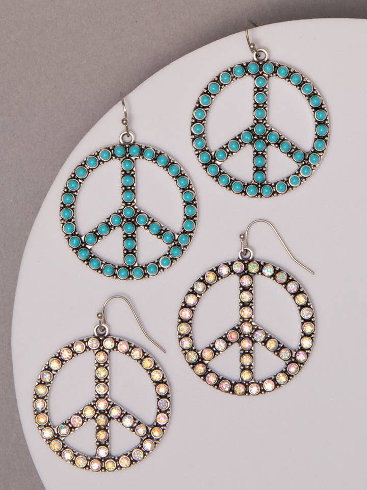 Western Crystal or Turquoise Peace Sign Dangle Earrings for wholesale by SP Sophia Collection