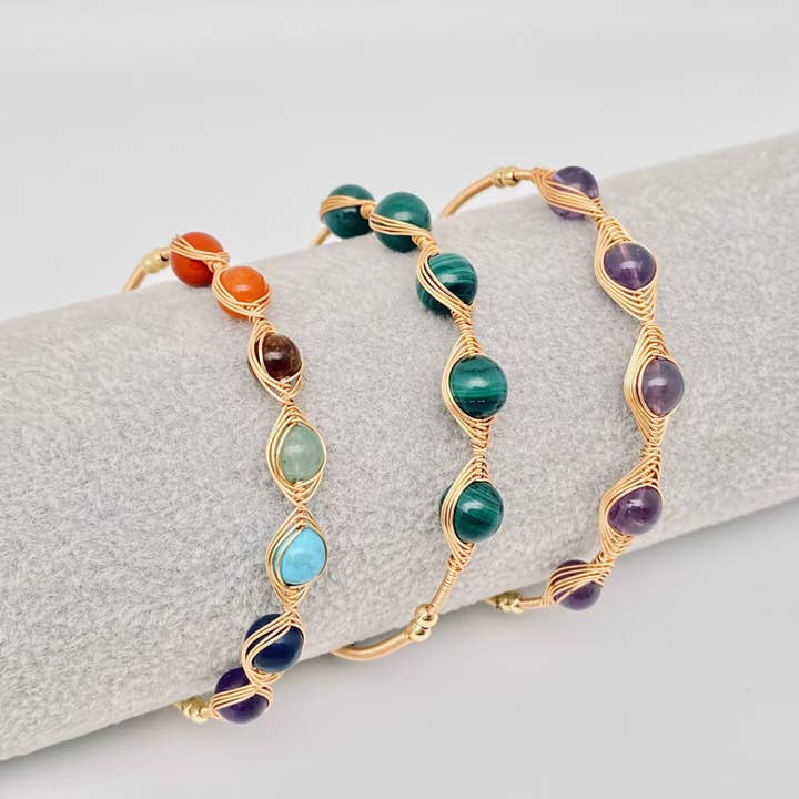 Mio Queena - Wholesale Cuff Bracelet - Hand-braided Copper Wire Wound Natural Stone Cuff Bangle -CS