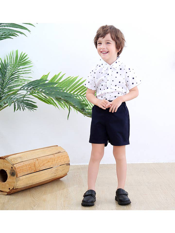 Fennco Styles - Wholesale Clothing Set - Baby - Star Print Dress Shirt, Shorts & Suspenders 3pcs Boy Outfit