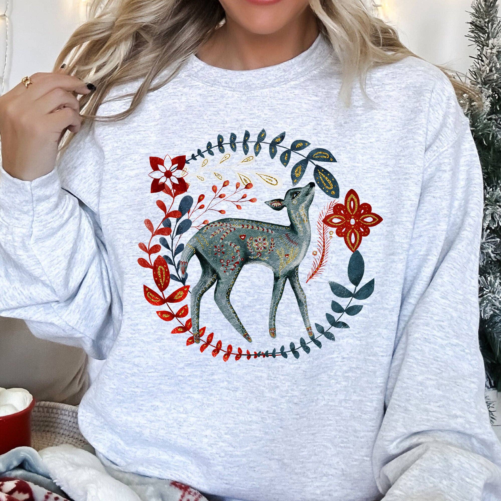 Refinery Number One LLC – wholesale Graphic sweatshirt – Women’s – Deer Folk Art Scandinavian Christmas Sweatshirt0