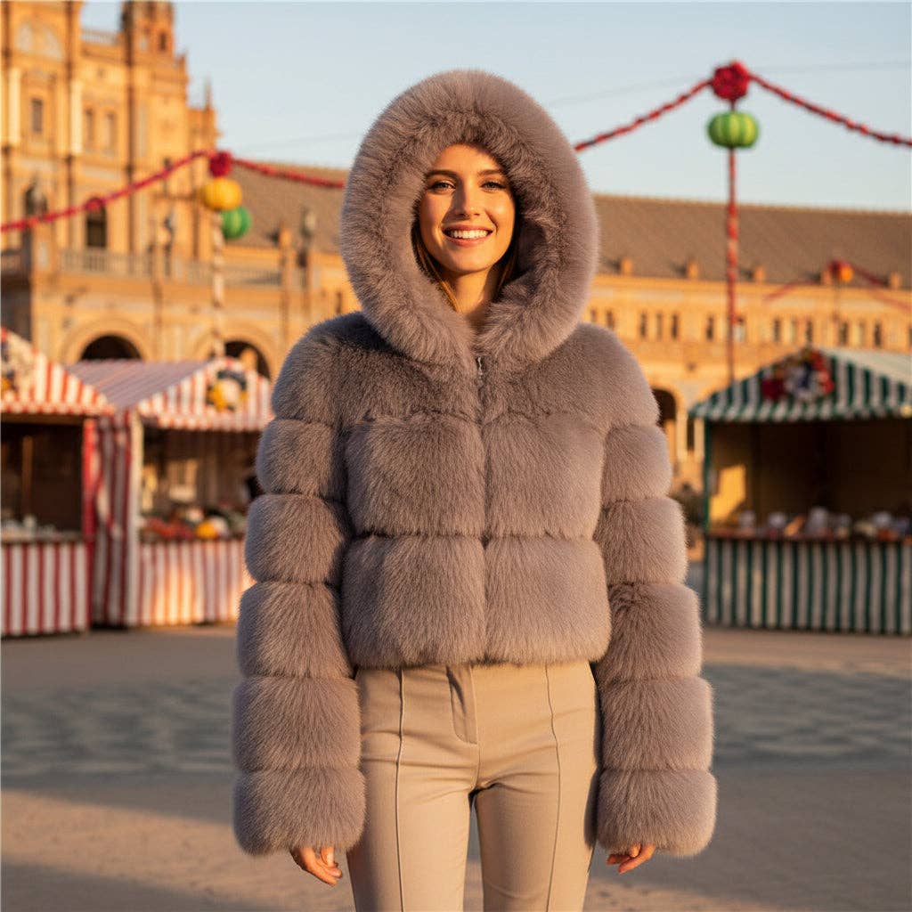 EMMA WU DESIGN – wholesale Fur/faux fur coat – Women's – EMMA WU SELECTION Short long-sleeve faux fur coat with hood4