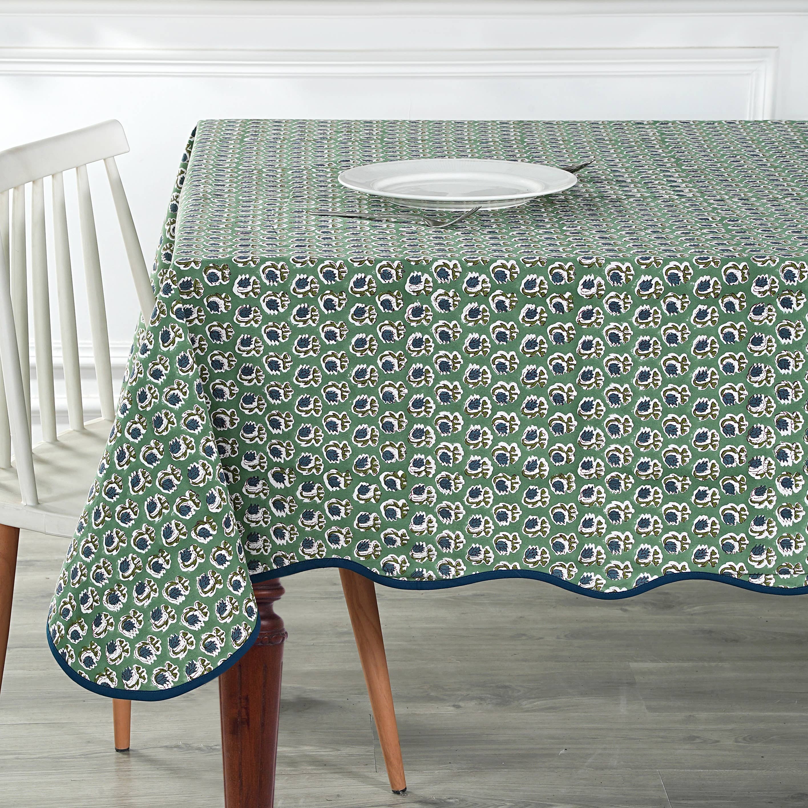 Fabricrush - Wholesale Tablecloth - Basil Green Block Printed Piping Tablecloth 100% Cotton  5