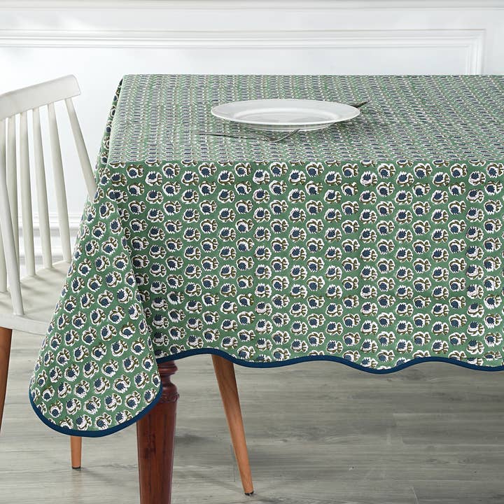 Fabricrush - Wholesale Tablecloth - Basil Green Block Printed Piping Tablecloth 100% Cotton 5