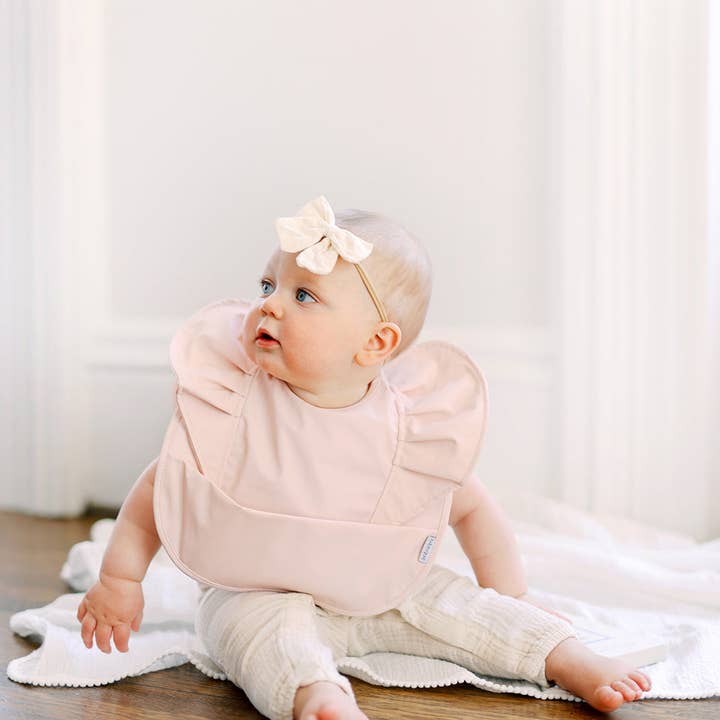 BIBTIQUE - Wholesale Bib - Baby - Peach Blush Angel Bib Girls Ruffle Waterproof Baby Bib1