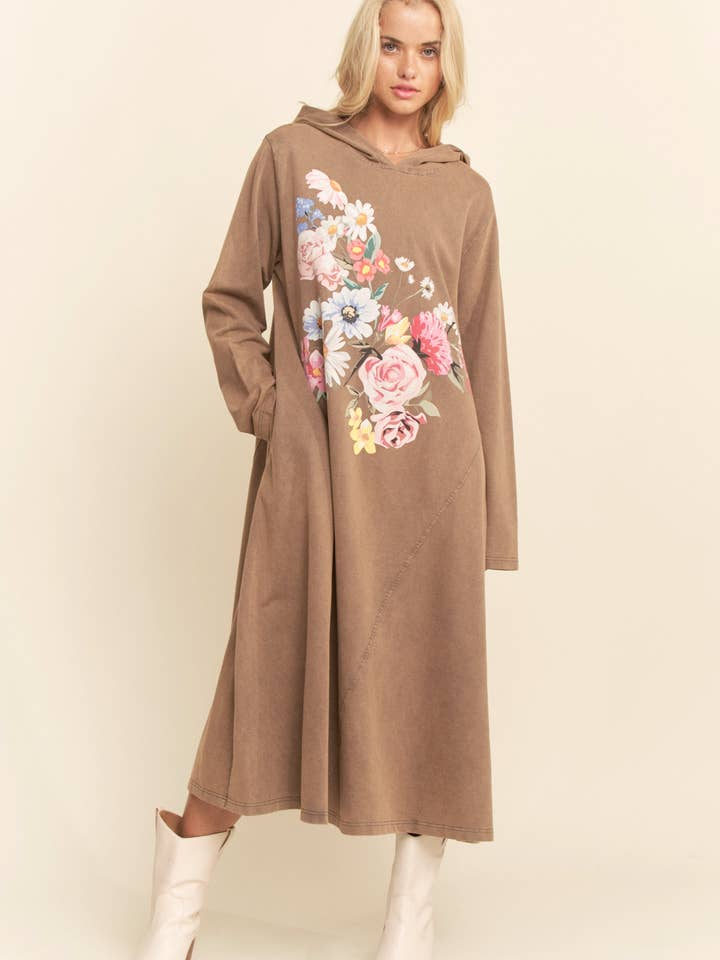 Davi & Dani - Wholesale Dress – Women's - MINERALFLORAL BUTTERFLY PRINTED HOODIE MIDI DRESS2