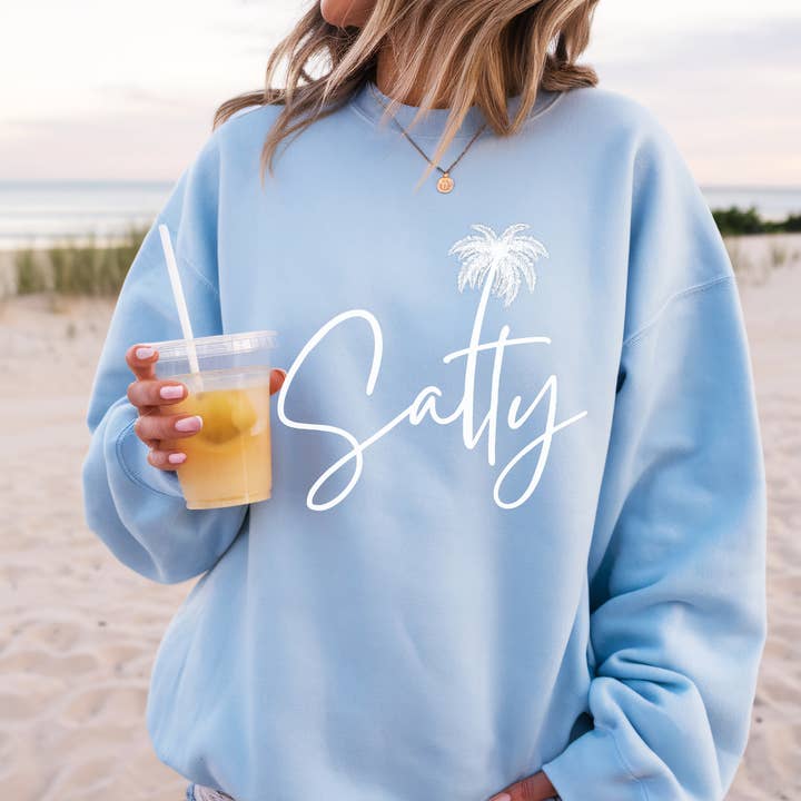 Trendznmore - Modern Graphic Apparel - Wholesale Graphic Sweatshirt - Women's - White Salty Beach Crewneck Sweatshirt - Summer Beach Sweater4