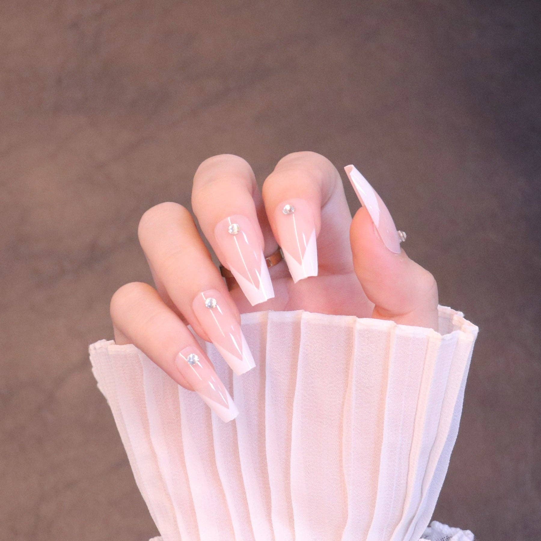 White Long Square French Tip Press On Nails with Jewels for wholesale on Faire3