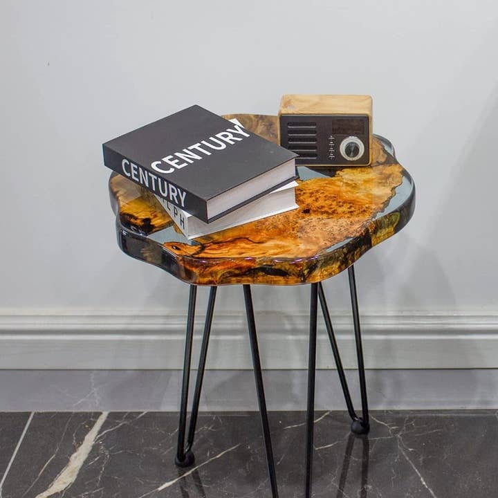 Tuzech Leather – wholesale Sidobord – Bord i naturlig kant med epoxiharts och valnötsträ, 20-tums hairpin-ben12