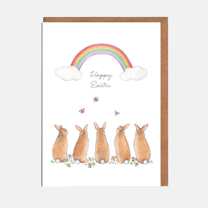 Rabbits & Rainbow Easter Card - 'Happy Easter' for wholesale by Lottie Murphy