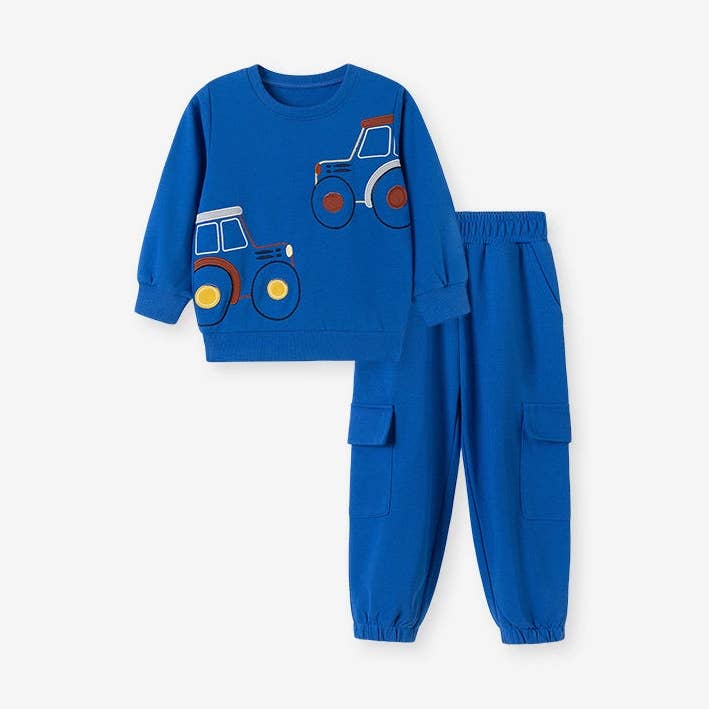 Set di abbigliamento con felpa a maniche lunghe e pantaloni con motivo a cartoni animati di trattori per ragazzi primavera e autunno. per la vendita all'ingrosso da parte di MyKids-USA®