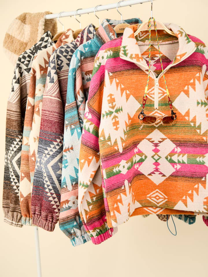 NT11854-Aztec Printed Henley Woven Pullover Top for wholesale by VERY J