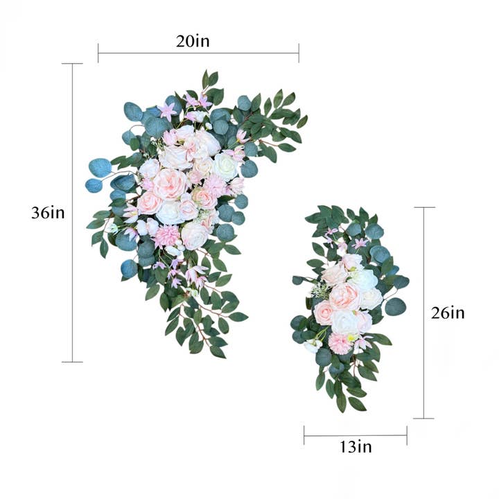Sun Decorer – wholesale Konstgjorda blommor – Bröllopsbåge Blomstersväng Set – 2-delad konstgjord blomsterarrangemang med rosa & vita rosor, eukalyptus – Elegant evenemangsdekor