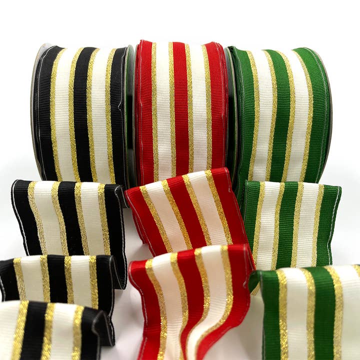 May Arts Ribbon - Wholesale Ribbon - Gift Wrapping - ~2" Green Woven Metallic Gold Stripe Wired Ribbon1