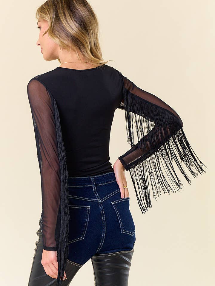 Saints & Hearts - Wholesale Blouse - Women's - ST3938A LONG SLEEVE FRINGED MESH TOP3