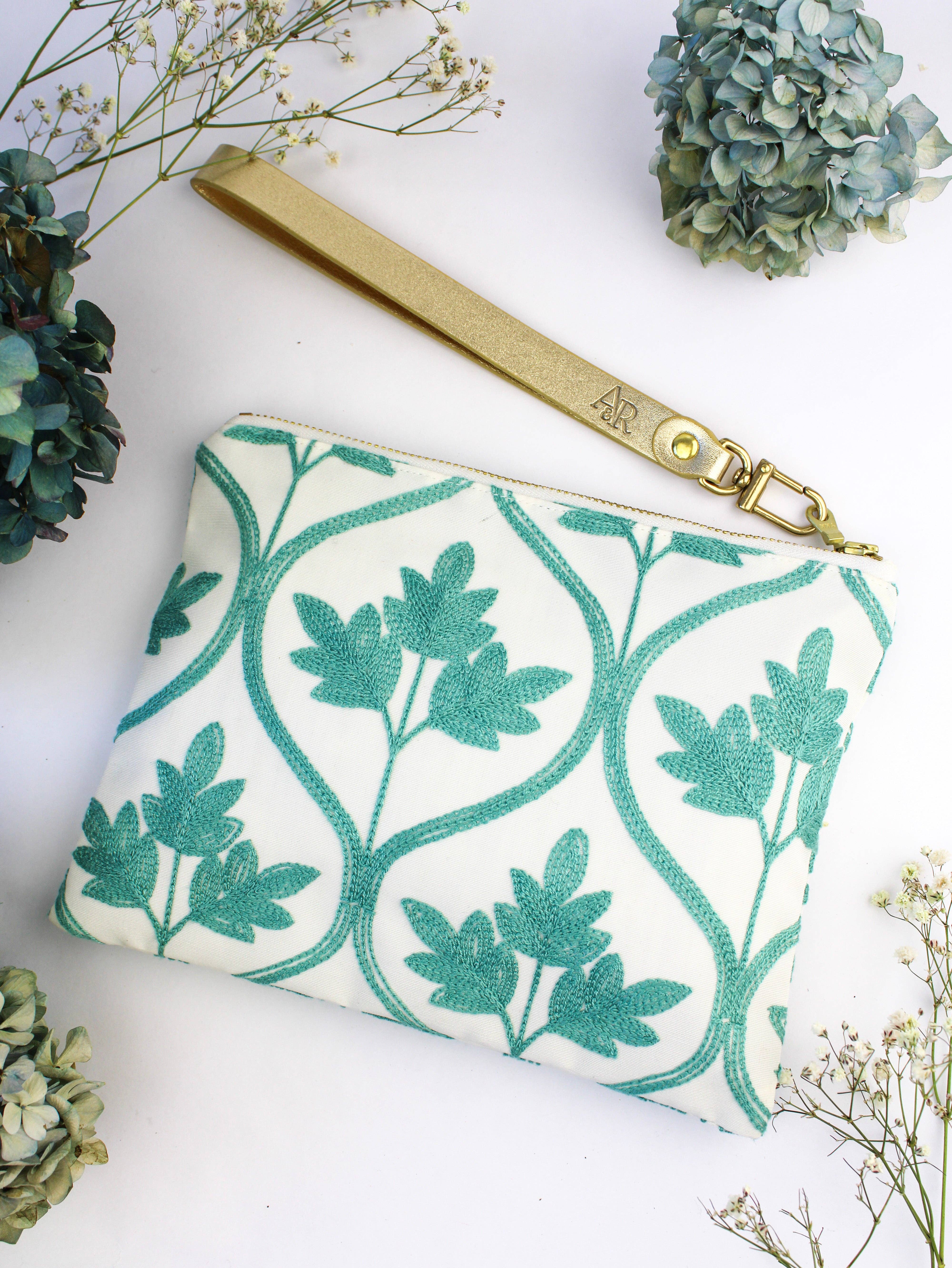 Ash & Rose - Wholesale Wristlet - Mayfair Aqua Botanical Embroidered Wristlet Purse0