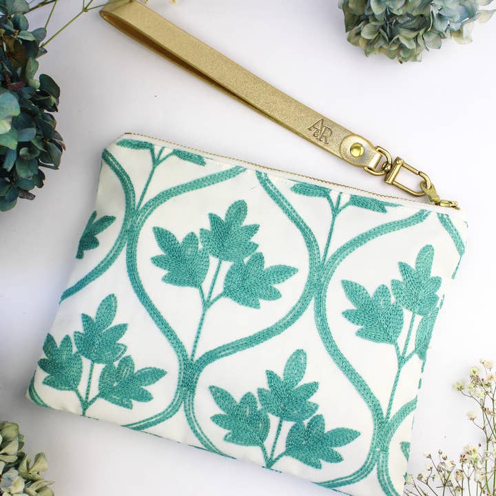 Ash & Rose - Wholesale Wristlet - Mayfair Aqua Botanical Embroidered Wristlet Purse