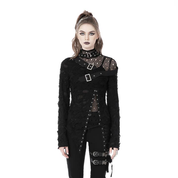 DISTRESSED PUNK LÅNGÄRMAD SKJORTA MED SPÄNNE för wholesale av Western Fashion