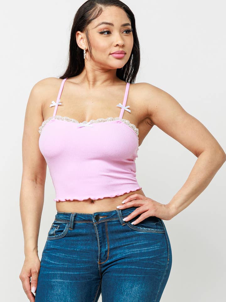 Julia by LoveJ - Wholesale Camisole - Women's - Front Lace Trim Bows Detail Cami Top