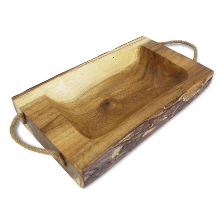 9" x 16" Acacia Wooden Tray with Rope Handles for wholesale by Tremont Floral Supplies