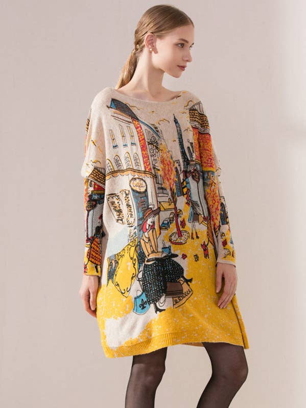 VividLux - Venta al por mayor Vestido - Mujer - Vestido de suéter de manga larga con cuello redondo y estampado de dibujos animados