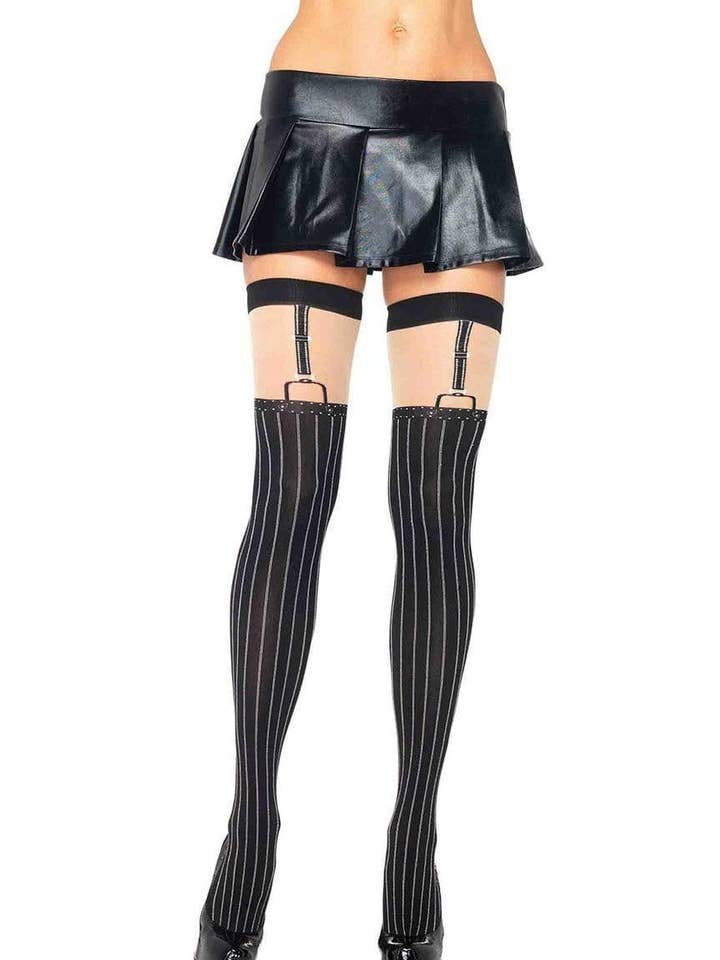 Black Nude Dove Pinstriped Suspender Thigh High Stockings for wholesale on Faire