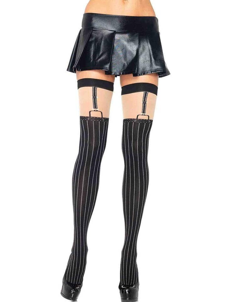 Dove Pinstriped Suspender Thigh High Stockings for wholesale by Leg Avenue