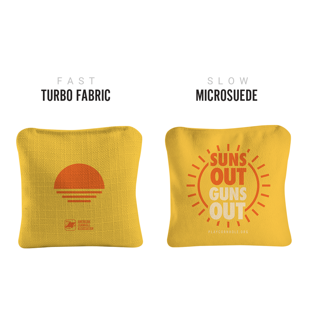 Yellow Suns Out Guns Out Synergy Pro Cornhole Bags for wholesale on Faire1