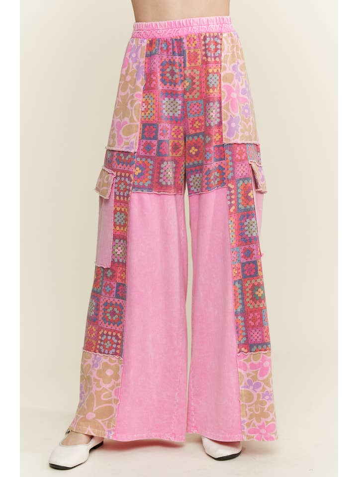 J.Her - Wholesale Pants - Women's - MineralWash Boho Crochet Floral Printed Pants HP575818