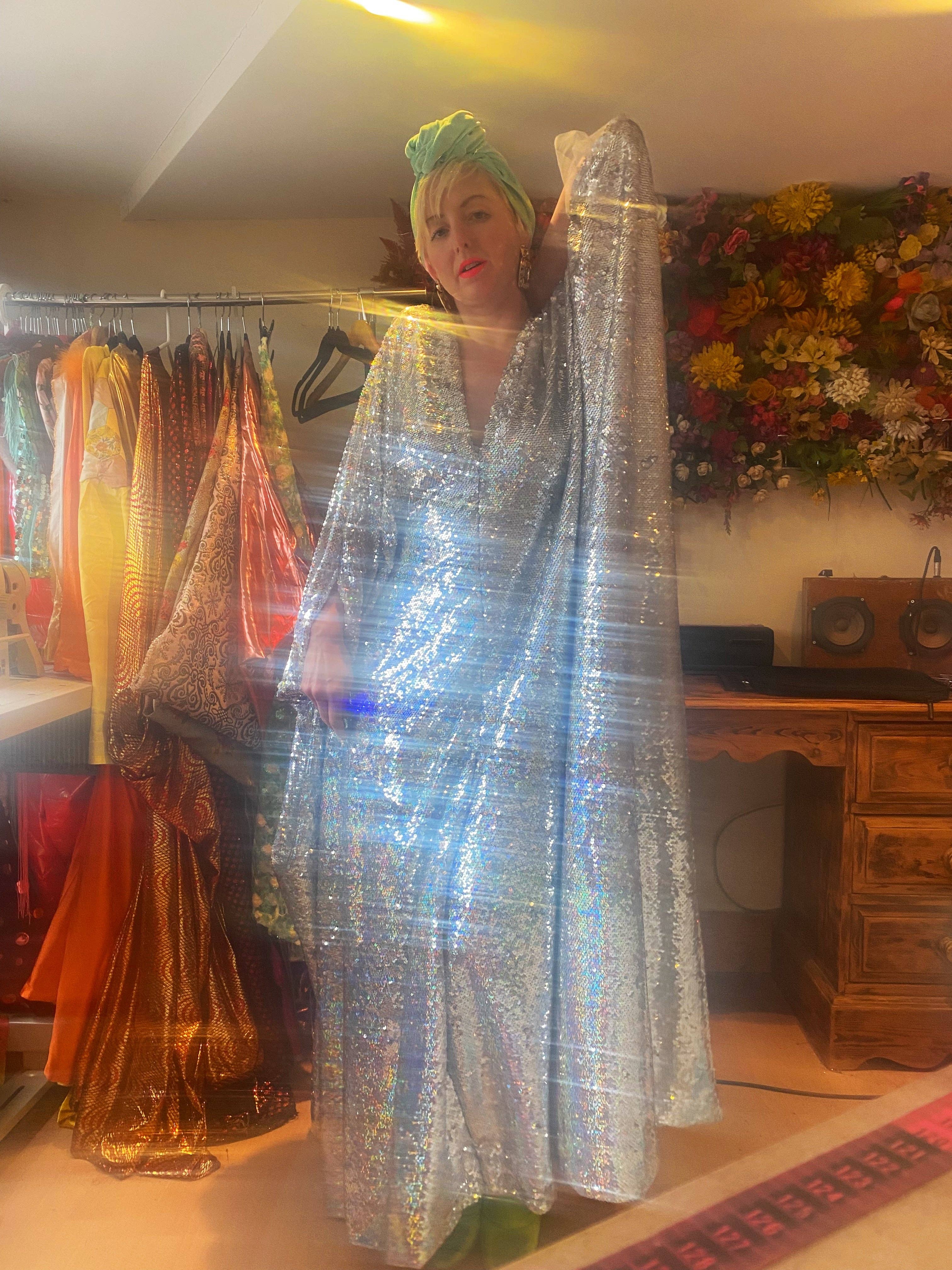 Fumbalinas – wholesale Kaftan – Women's – Silver Metallic Holographic/  Sequin Kaftan Gown / Dress43