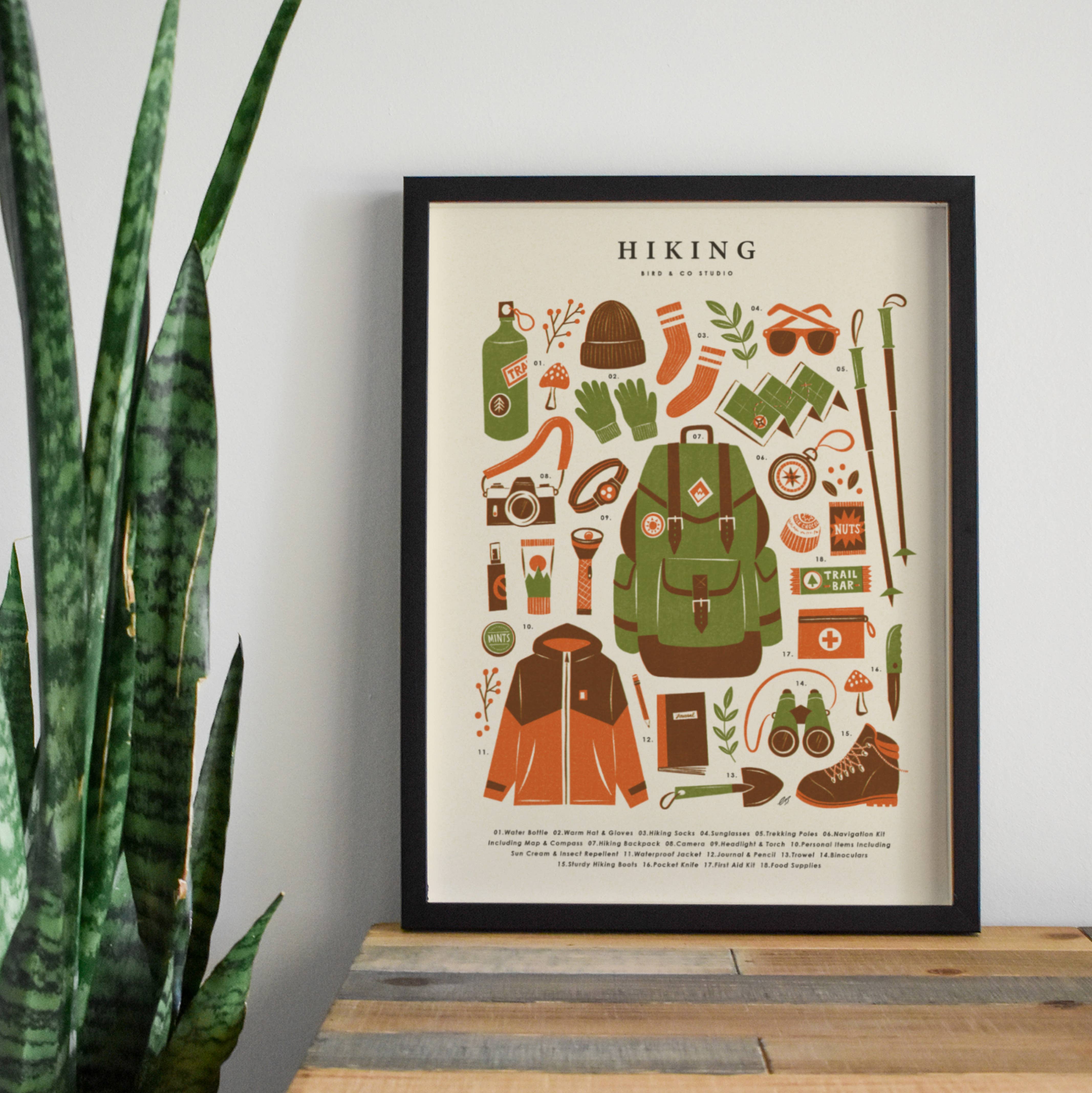 Bird & Co Studio - Vente Affiche d'art - Kit de randonnée Essentials | Impression artistique d'aventure rétro1