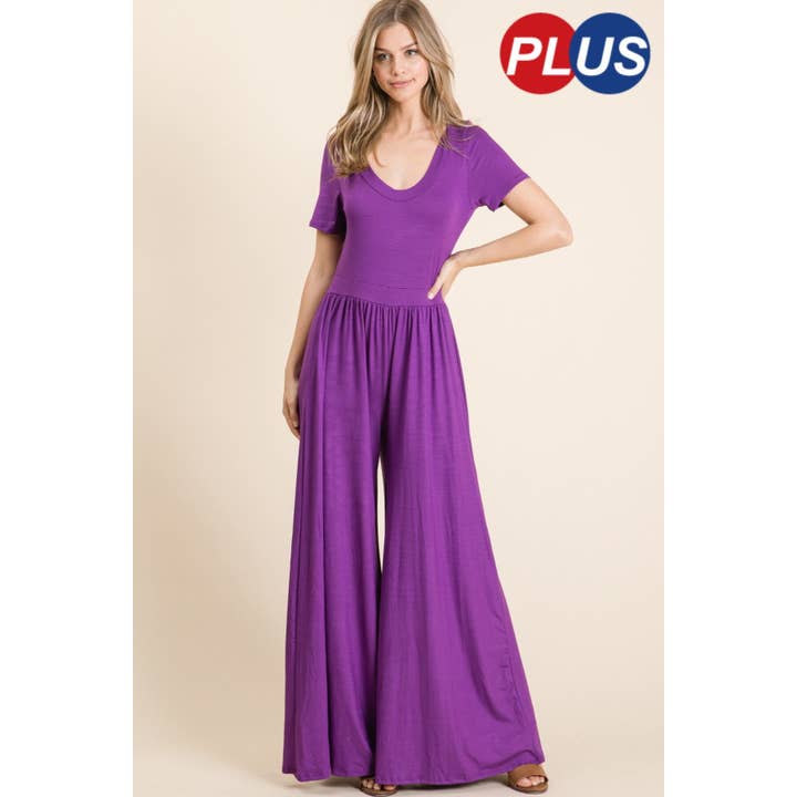 Solid Rayon Short Sleeve Wide Leg Jumpsuit for wholesale by Clothing of America