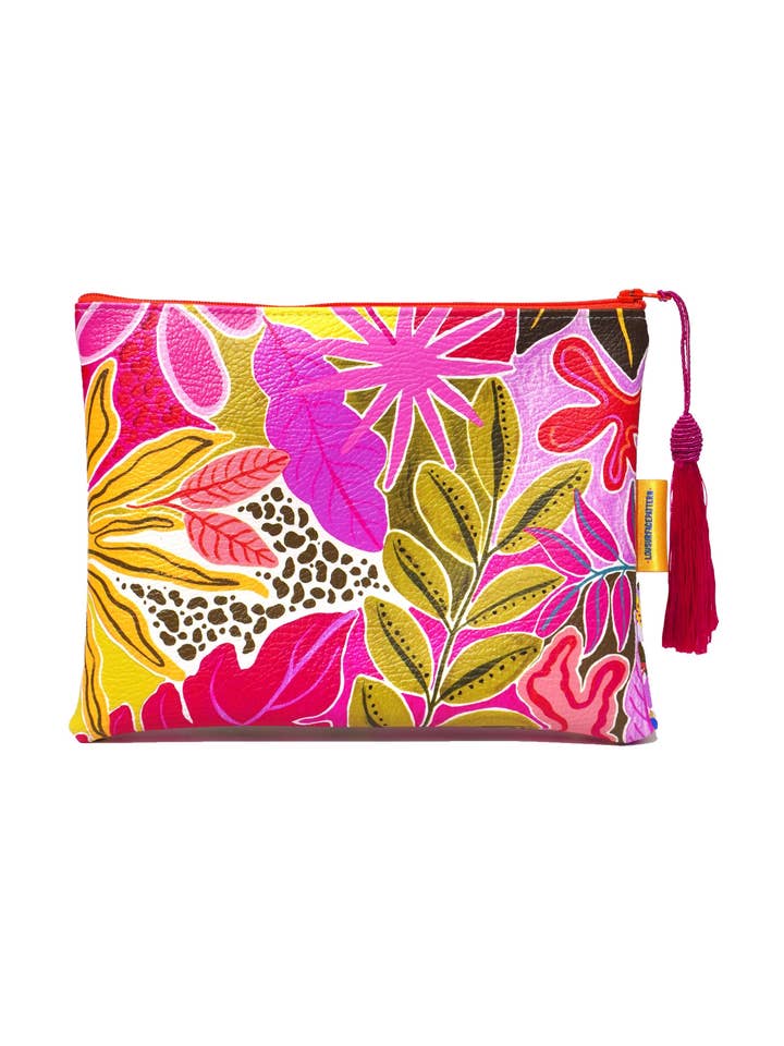 Borsa per trucchi in pelle vegana arancione tropicale per la vendita all'ingrosso da parte di Lousurfacepattern